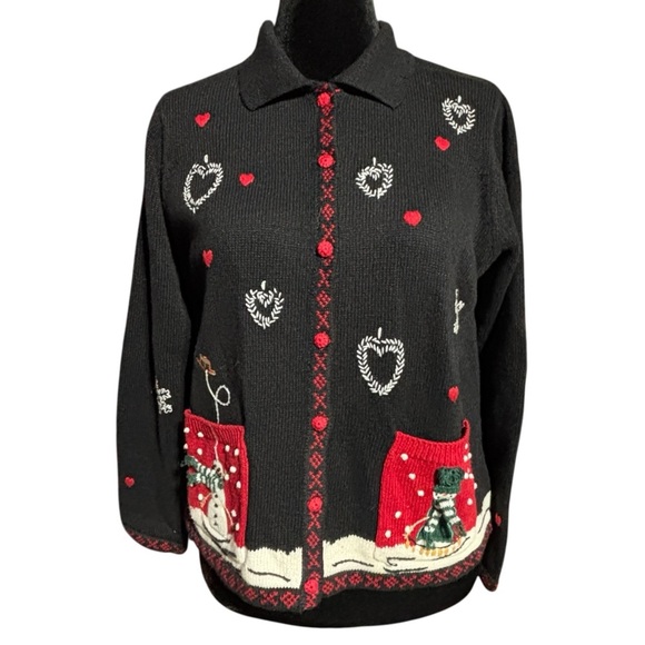 Womens Large Christmas Holiday Cardigan Sweater Karen Scott Vtg Button Up Pocket - Picture 1 of 15